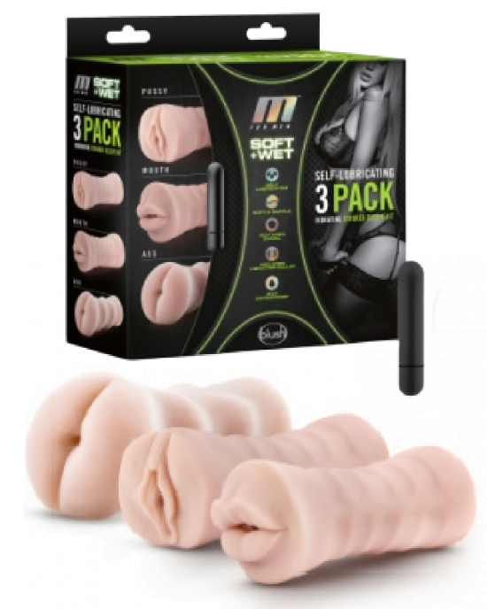 M for Men 3 Pack Self Lubricating Vibrating Stroker Sleeves 2