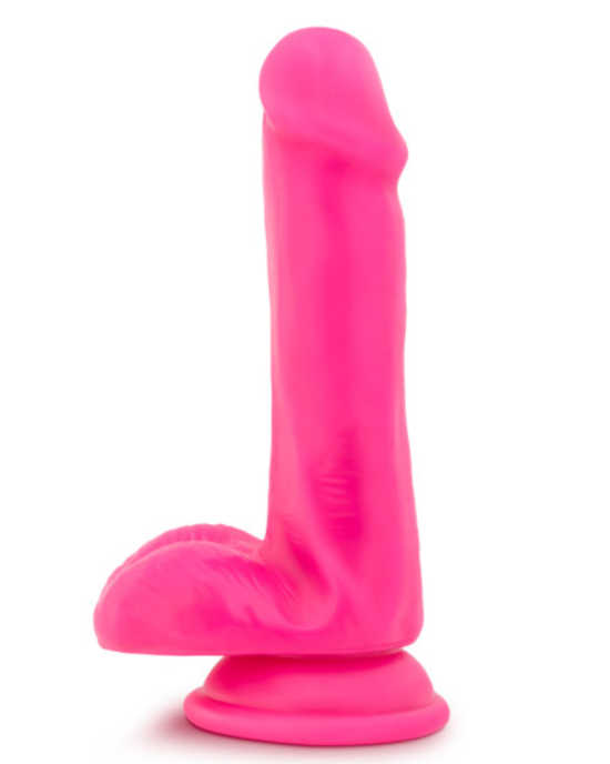 Neo Elite 6 Inch Dual Density Silicone Dildo with Balls by Blush Neon Pink 3
