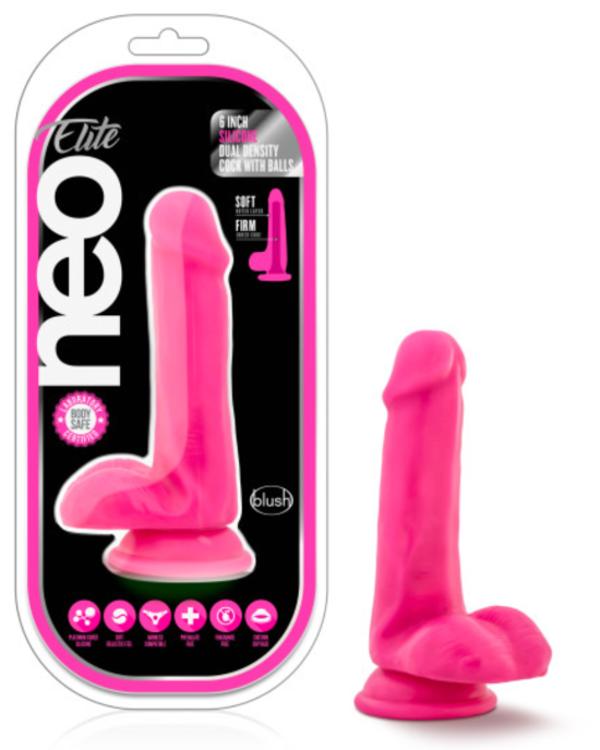 Neo Elite 6 Inch Dual Density Silicone Dildo with Balls by Blush Neon Pink
