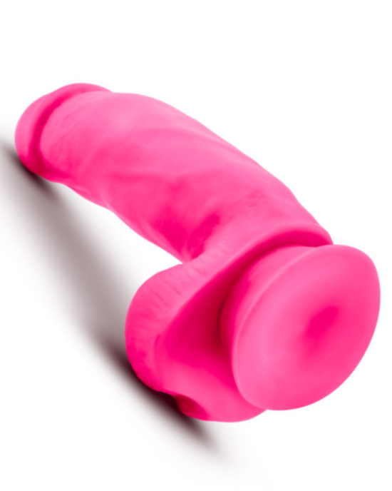 Neo Elite 7 Inch Dual Density Silicone Dildo with Balls Neon Pink 4