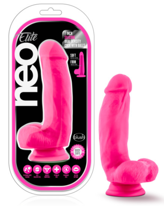 Neo Elite 7 Inch Dual Density Silicone Dildo with Balls Neon Pink