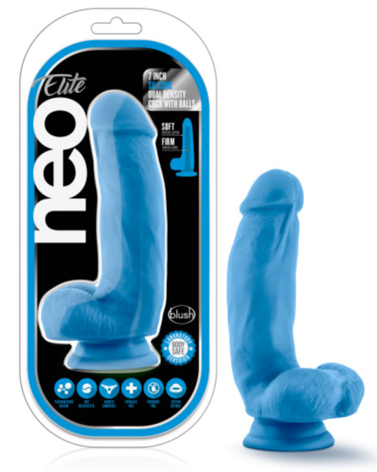 Neo Elite 7 Inch Dual Density Silicone Dildo with Balls by Blush Neon Blue
