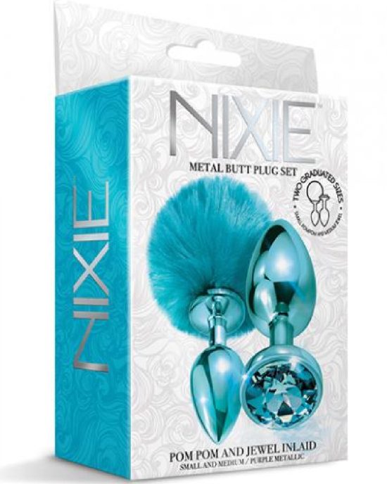Nixie Metal Butt Plug Set with Pom Pom Jewel Blue Metallic 3