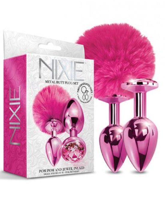 Nixie Metal Butt Plug Set with Pom Pom Jewel Pink Metallic 1