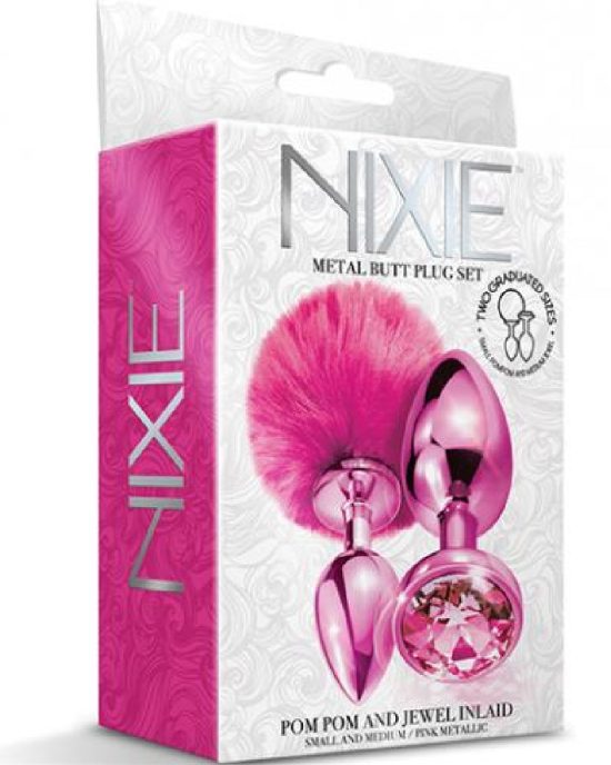 Nixie Metal Butt Plug Set with Pom Pom Jewel Pink Metallic