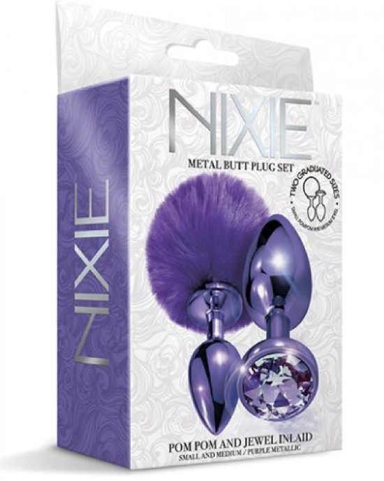 Nixie Metal Butt Plug Set with Pom Pom Jewel Purple Metallic 3